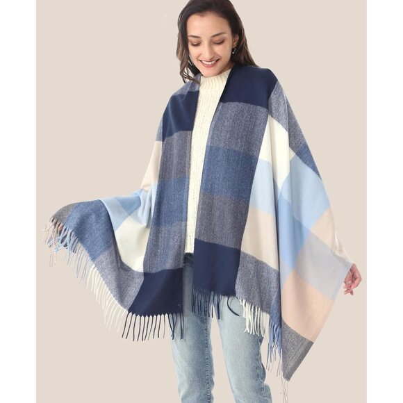 Women Light Blue Grey Winter Warm Shawl Wraps Tartan Blanket Oversized Scarves - Picture 2 of 6